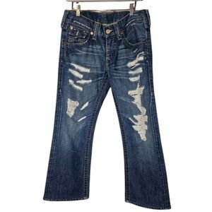 True Religion Jeans Mens 31 X 27 Denim Flap Pockets Distressed Thin Stitch